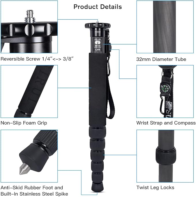 SIRUI Camera Monopod P-326 6 Section Carbon Fiber Compact Lightweight Travel - Image 2