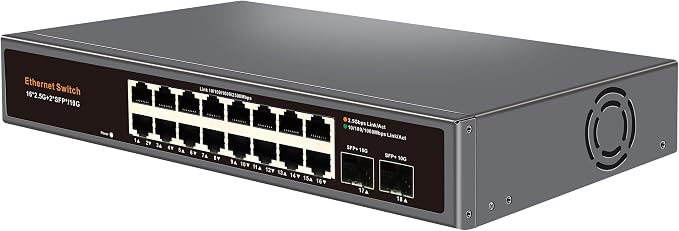 18-Port 2.5G Unmanaged Ethernet Switch, 16×2.5G RJ45 Ports, 2×10G SFP+ Uplink by Davuaz