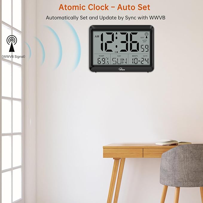 WallarGe Atomic Digital Wall Clock Battery Operated, Self-Setting, Large Display - Image 4