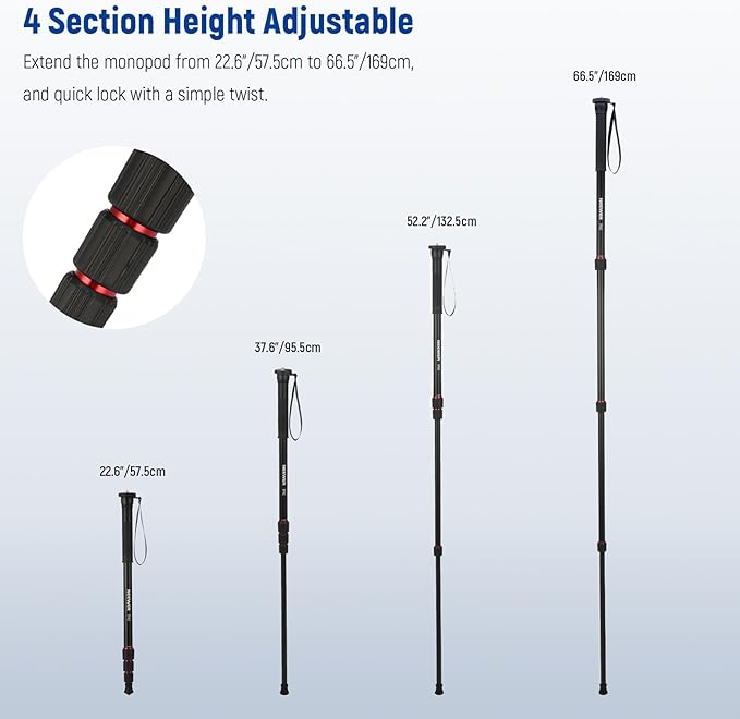 NEEWER 66.5" Camera Monopod Stand, Lightweight Aluminum Travel Selfie Stick - Image 3