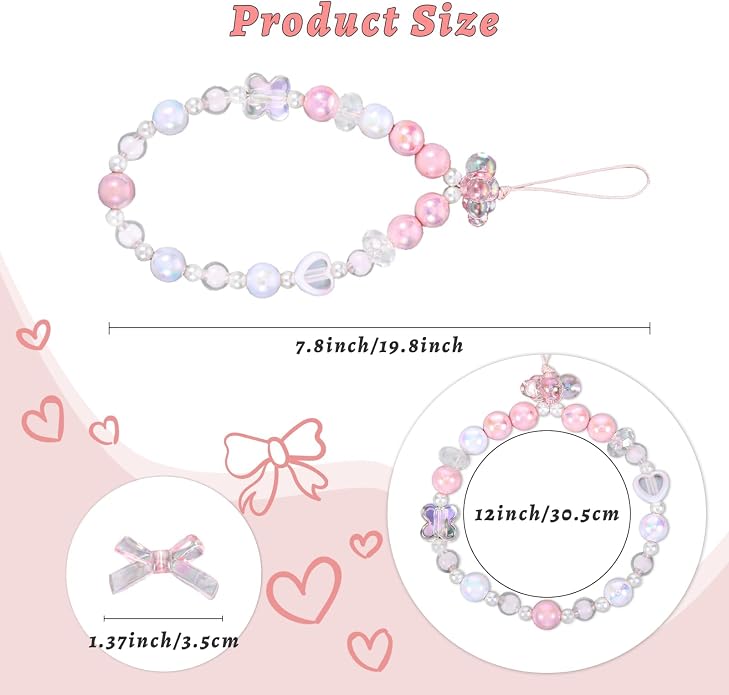 Pink Beaded Phone Wrist Straps, Y2K Phone Case Charms Camera Charm Strap - Image 5