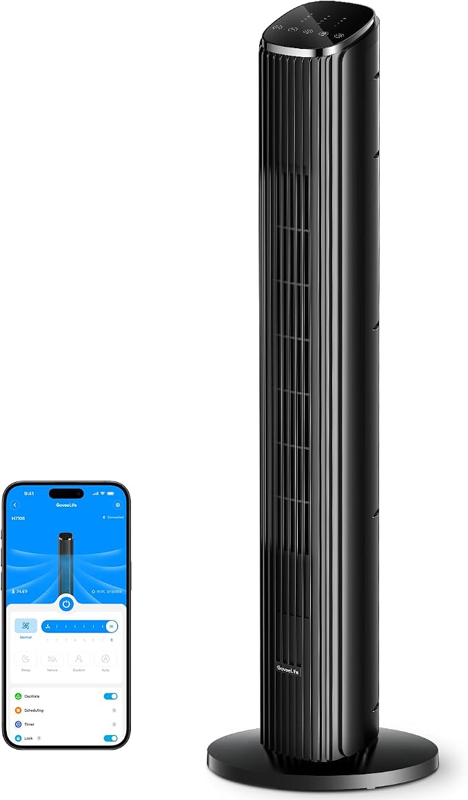 GoveeLife Black Tower Fan for Bedroom, Temperature Sensor, 5 Modes 8 Speeds by GoveeLife