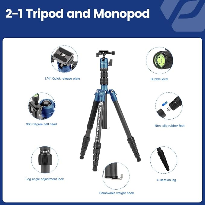 Fotopro 59" Carbon Fiber Travel Tripod Compact Camera Tripod - Image 6