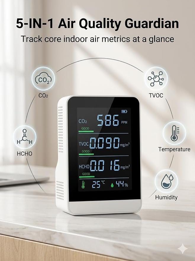 5-in-1 Indoor Air Quality Monitor, Professional CO2 Detector & Formaldehyde - Image 2