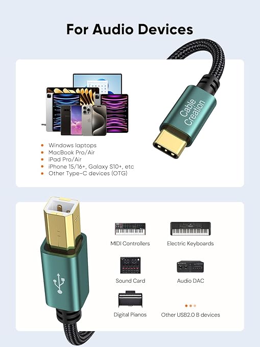 CableCreation USB B to C 6.6 FT Printer Cable, MIDI Cable, Nylon Braided USB-B - Image 6