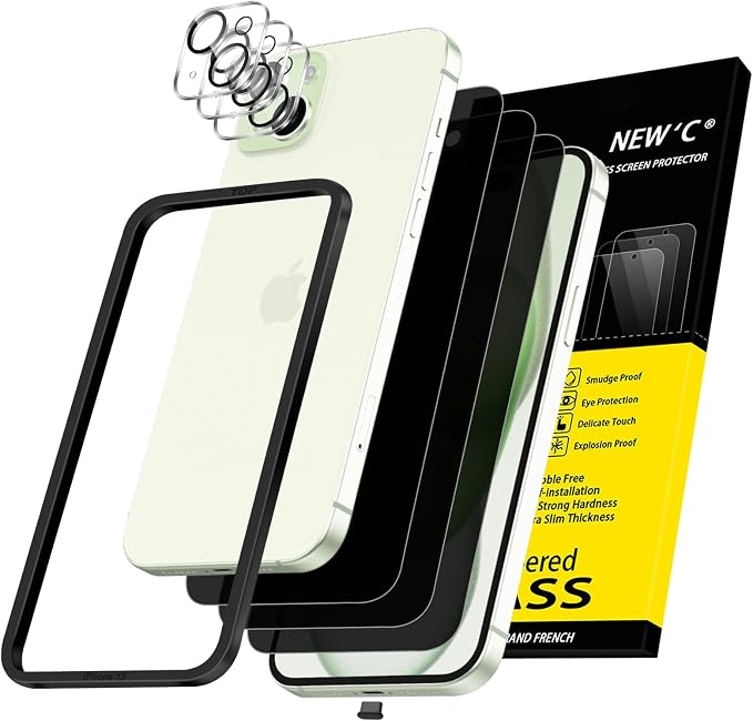 NEW'C 3x Privacy for iPhone 15 Plus Screen Protector+ 3x Camera Lens Protector by NEWC