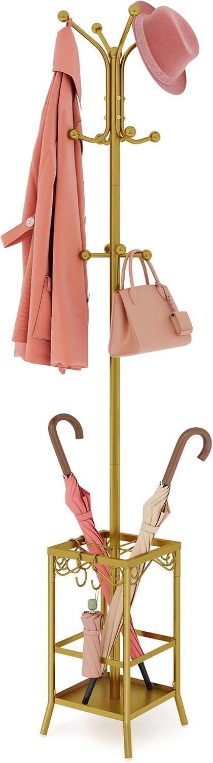 Hoctieon Coat Rack Freestanding, Coat Tree with Umbrella Holder, Metal Coat Rack Stand with 12 Hooks, Standing Coat Hanger Stand, Umbrella Stand for Entryway, Hat Rack Stand for Home Office, Gold