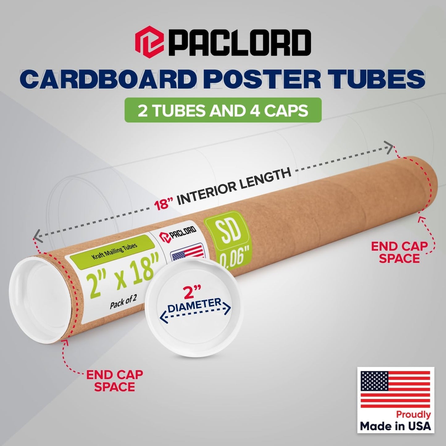 2" x 18" Reinforced Kraft Paper Mailing Tube, Pack of 2 Tubes with 4 Caps – Secure USPS Approved Poster Tube – Cardboard Tube for Shipping and Storing Posters, Prints, Artwork, or Documents