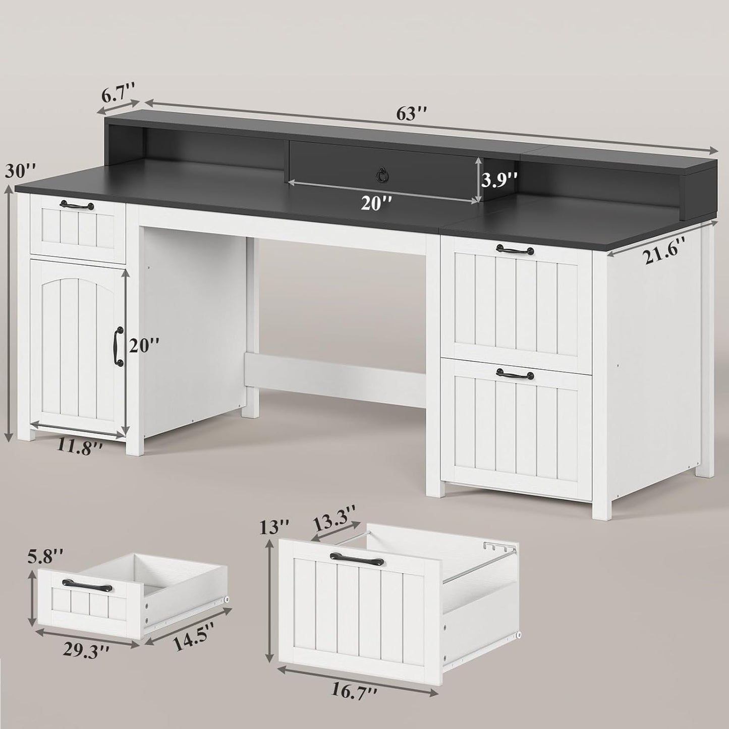 SEDETA Farmhouse 63" Executive Desk, Home Office Desk with File Drawer and Monitor Stand, Computer Desk with Drawers and Storage Cabinet, Wood Desk for Work Study Writing, White