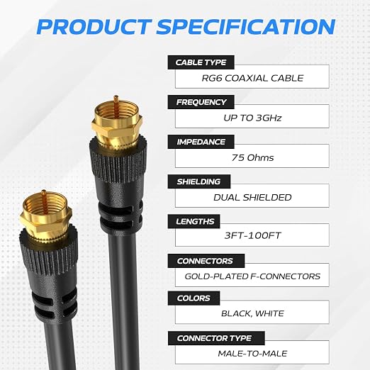 Cables Direct Online Pack of 2 x Coaxial Cables 25FT Black Coax RG6 Male F Type - Image 2
