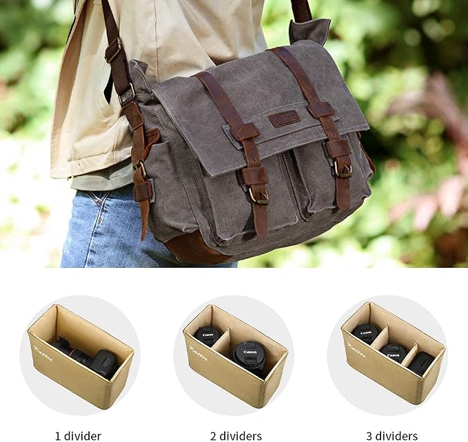 Kattee Leather Canvas Camera Bag Vintage DSLR SLR Messenger Shoulder Bag - Image 5