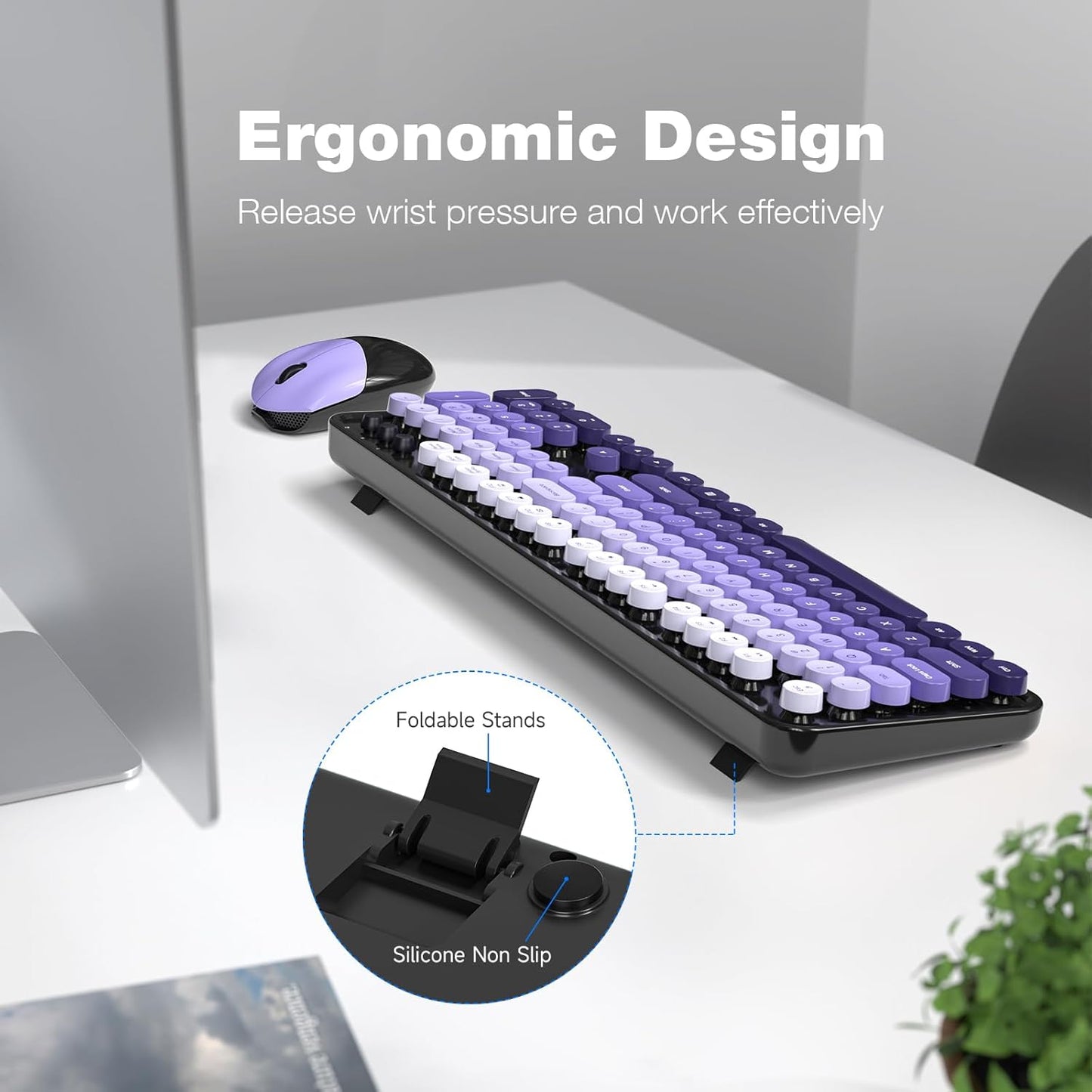 MOFII Wireless Keyboard and Mouse Combo, 2.4GHz Retro Typewriter Keyboard Full Size, Cute Wireless Mice, USB Dongle Plug and Play, for Laptop, PC, Desktop, Windows (Black Purple Gradient Color)