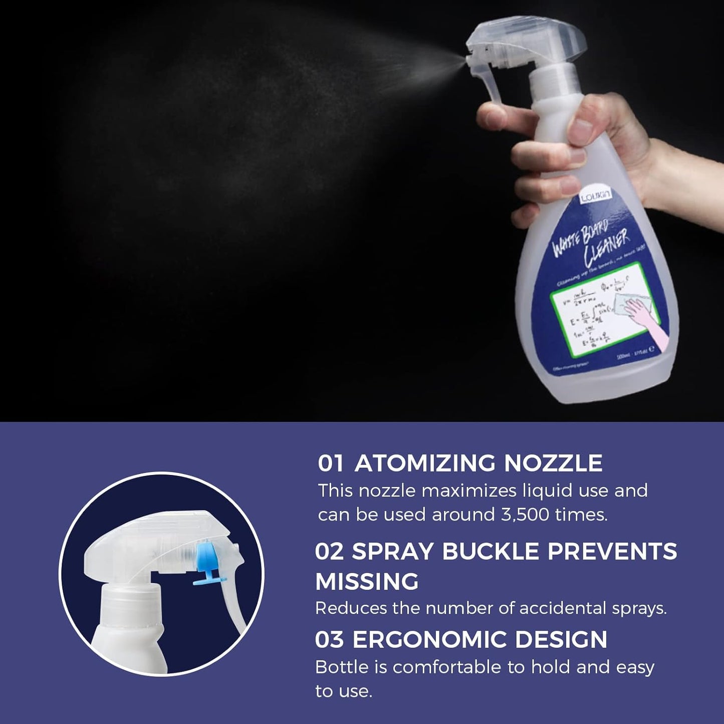 loukin Non-Toxic Whiteboard Cleaner, 17 fl oz Dry Erase Board Cleaner, Low-Odor Whiteboard Cleaning Spray with Microfiber Shag Eraser, Removes Stubborn Marks from Whiteboards, Chalkboard