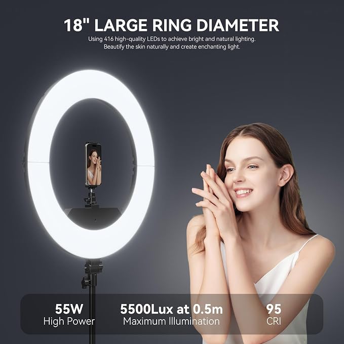 18 Inch Ring Light Kit, 55W6700k Dimmable LED Light, Tripod Stand, Remote - Image 3