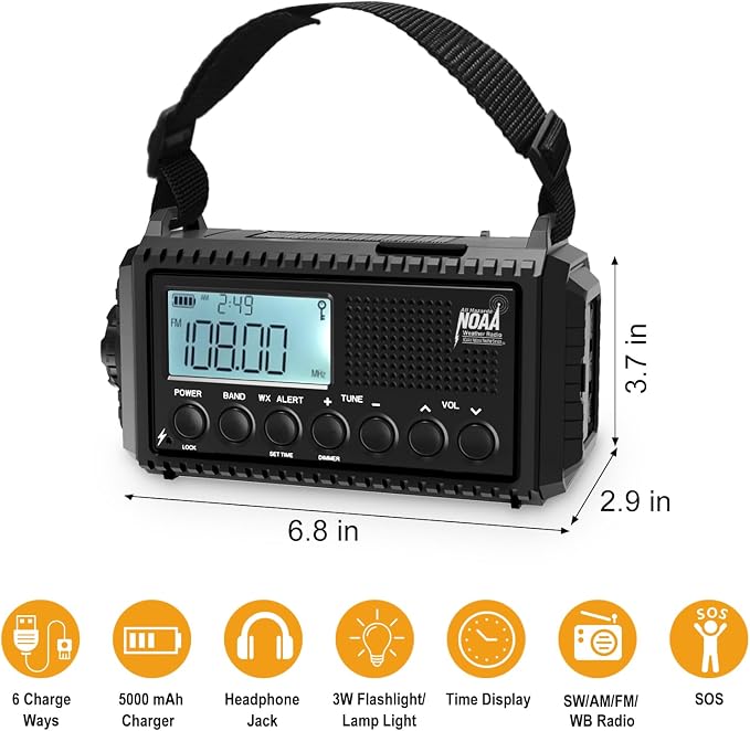 Raynic NOAA Weather Radio, 5000mAh/18500mWh Solar Hand Crank Emergency Radio - Image 6