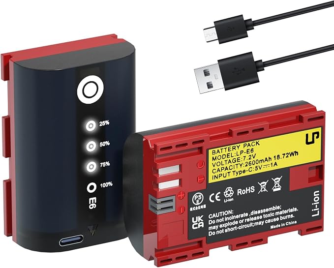 LP LP-E6, LP-E6N Battery 2-Pack 2600mAh USB-C Charging, LED Display Replacement by LP