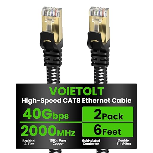 Cat 8 Ethernet Cable Flat 6 FT 2Pack, High Speed 40Gbps 2000Mhz Braided by EthernetCable
