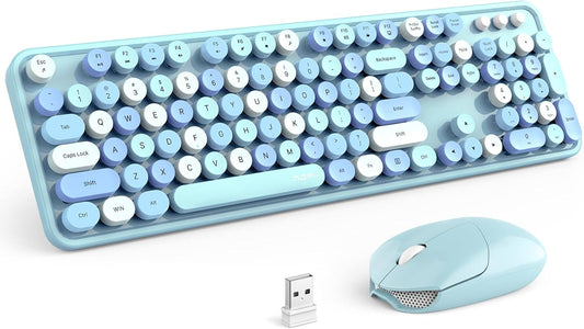 MOFII Wireless Keyboard and Mouse Combo, Retro Wireless Keyboard with Round Keycaps, 2.4GHz Dropout-Free Connection, Cute Wireless Mouse for PC/Laptop/Mac/Windows XP/7/8/10 (Blue-Colorful)