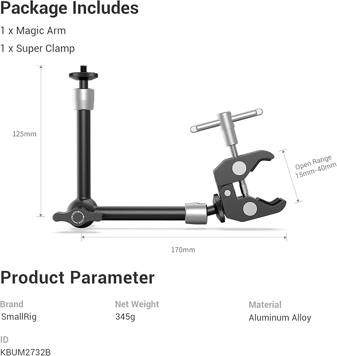 SMALLRIG Clamp w/ 1/4" and 3/8" Thread and 9.8 Inches Adjustable Friction Power - Image 3