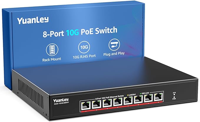 YuanLey 8 Port 10G PoE Switch Unmanaged, 8 x 10G Base-T PoE Ports, by YuanLey