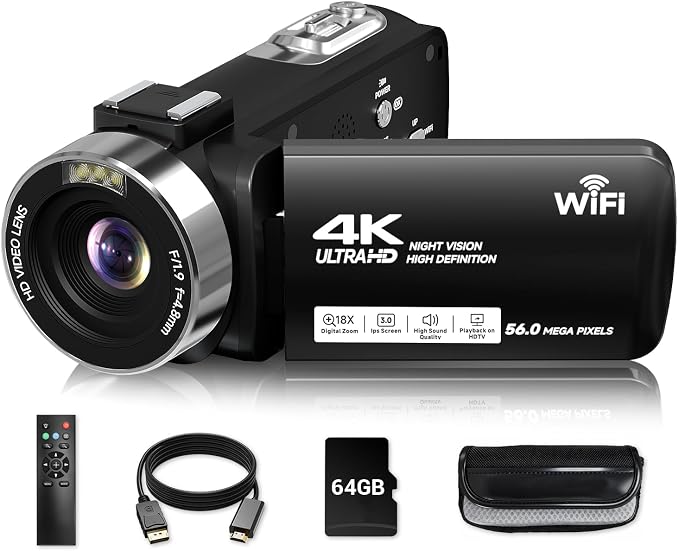 Video Camera, 4K Camcorder 56MP Digital Video Recorder 18X Zoom 3" 270° by SMARTKLIK