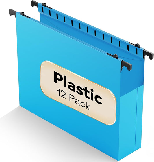 Plastic Hanging File Folders Expandable,12 Pack Extra Capacity Hanging File Folder Letter Size,2 Inch Expansion Heavy Duty Folders,Adjustable Tabs,Hanging Folder Designed for Bulky Files(Blue)
