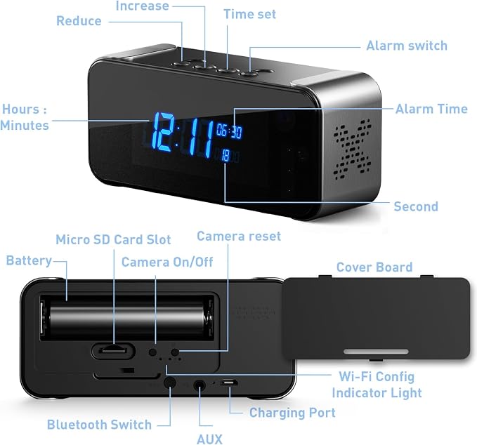 Hidden Camera with Alarm Clock & Bluetooth, Ultra 4K HD Wireless Indoor Camera - Image 8