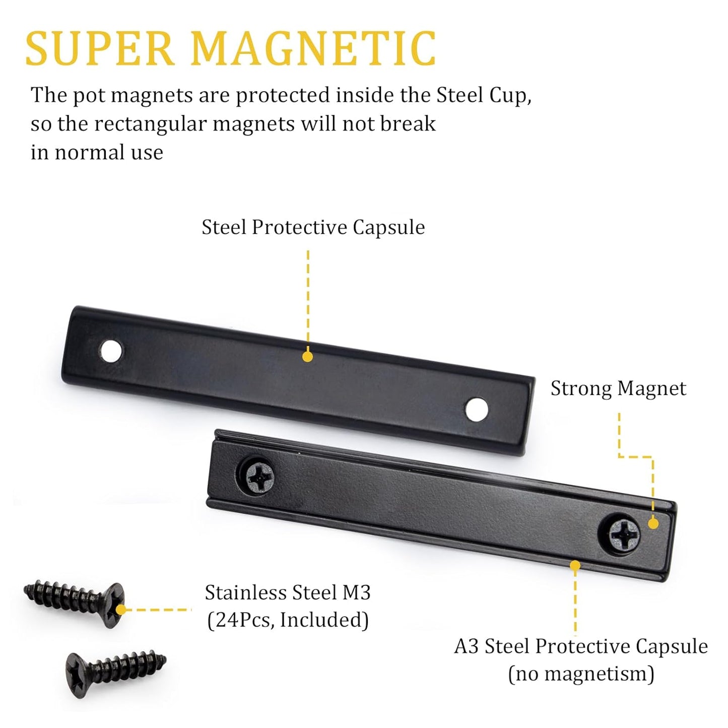 Strong Rectangular Pot Magnetic Strip,Screw in Magnets with Black Epoxy Protected, 76 x 12.7 x 3.5mm Rare Earth Bar Magnets with Countersunk Hole and Thin Steel Capsule 6 Pack
