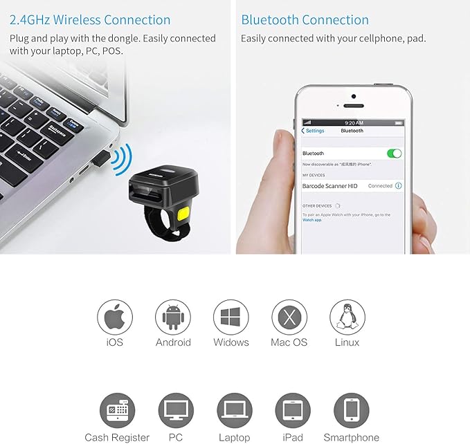Portable Ring Bluetooth Barcode Scanner Wireless 2.4Ghz &USB Wired 3 in 1 - Image 4