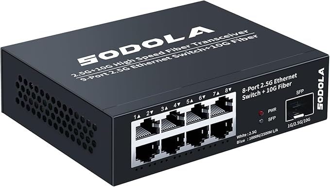 SODOLA 8-Port Unmanaged 2.5G Switch, 8 x 2.5GBASE-T Ports, 1X10G SFP+, 100Gbps by SODOLAPoENETWORKS