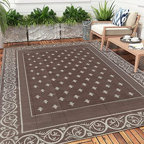 Pauwer Waterproof Outdoor Rug 9x12, Plastic Patio Rug, Bordered Brown - Image 3