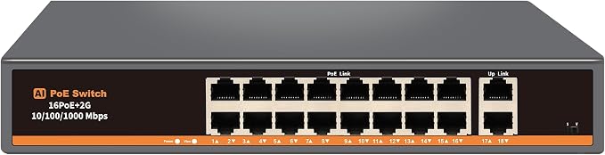 18 Port Unmanaged PoE+ Switch, 16 POE+ Ports & 2 Gigabit Uplink Ports, IEEE by Davuaz