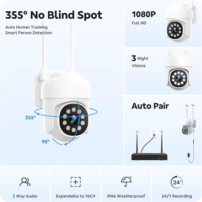 CAMCAMP Home Security Camera System 8 PTZ Cameras Wireless Outdoor 16CH NVR | - Image 2