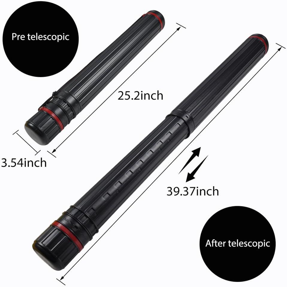 DEWEL Drawing Tube Blueprint Case Telescoping Art Tube Large Plastic Black Storage Tube Expands from 25 to 40 Inches Plastic Waterproof and Light Resistant Poster Tube with Strap
