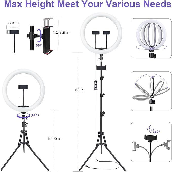 13" Selfie Ring Light with 76" Tripod Stand & 3 Phone Holder, LED Camera - Image 6