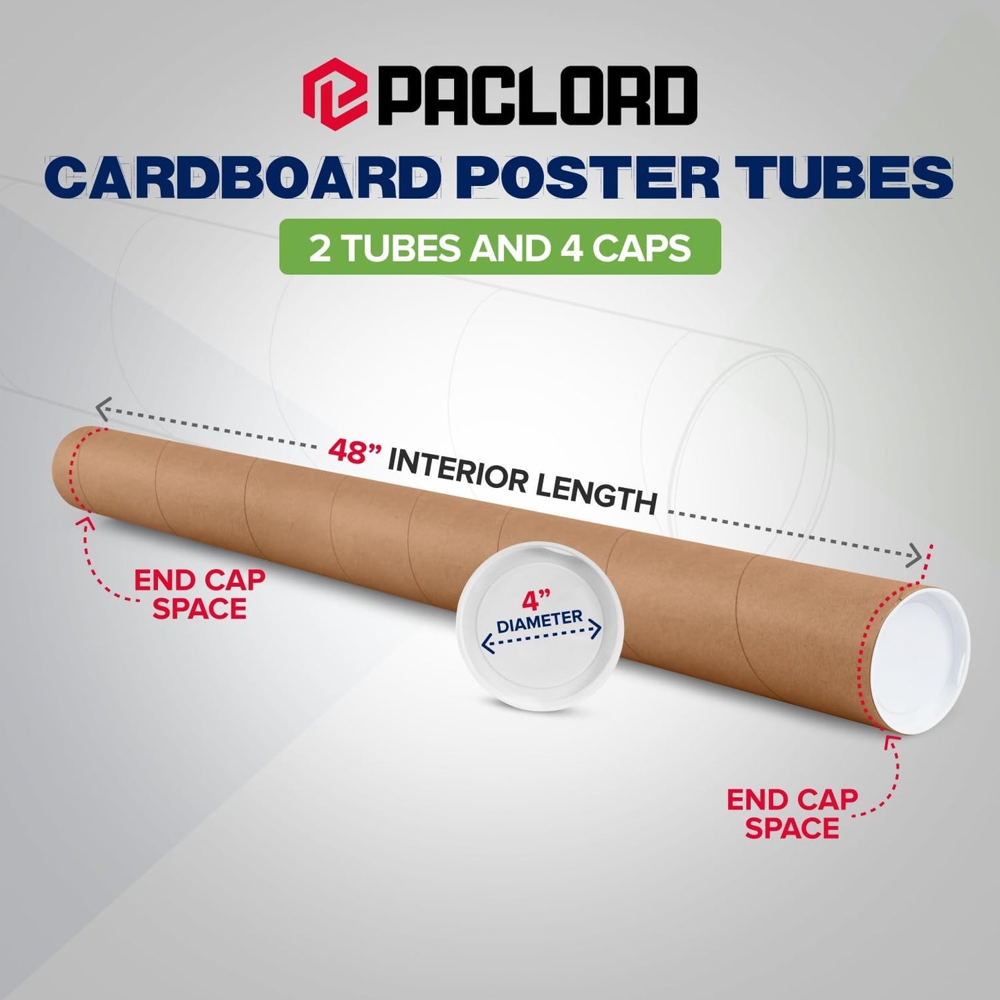4" x 48" Reinforced Kraft Paper Mailing Tube, Pack of 2 Tubes with 2 Caps Each – USPS Approved Poster Tube – Made in USA Cardboard Tube for Shipping and Storing Posters, Prints, Artwork, or Documents