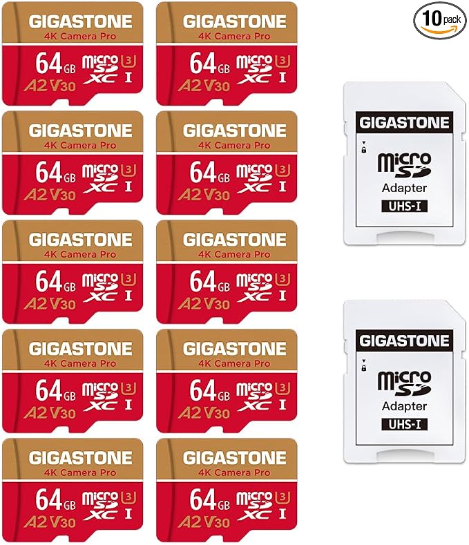 【5-Years Data Recovery】 GIGASTONE 64GB Micro SD Card 10-Pack, 4K Camera Pro by Gigastone