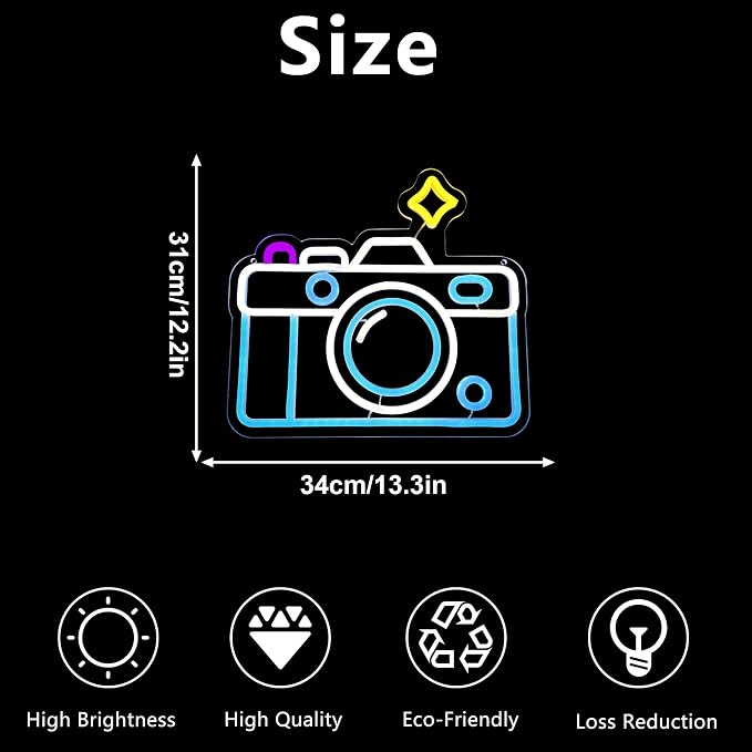 Camera Neon Sign Dimmable LED Light Up Wall Decor Multi-Color Retro Photography - Image 6