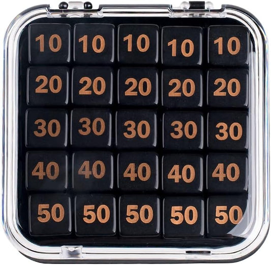 TCG Damage Counter Dice Set with Organizer - 25 Premium Dice (10/20/30/40/50/100) for Card Game Tracking