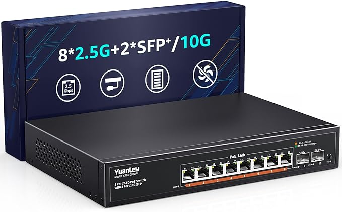 YuanLey 10 Port 2.5G PoE Switch Unmanaged, 8 x 2.5G Base-T PoE Ports, 2 x 10G by YuanLey