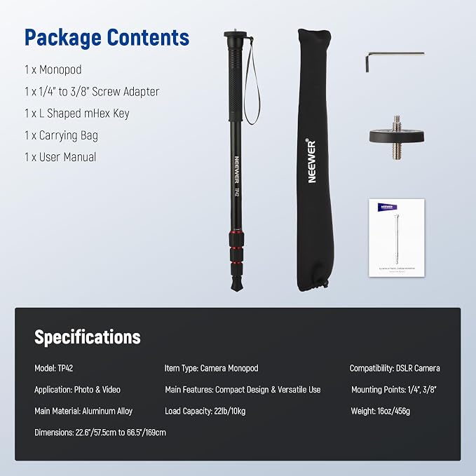 NEEWER 66.5" Camera Monopod Stand, Lightweight Aluminum Travel Selfie Stick - Image 8