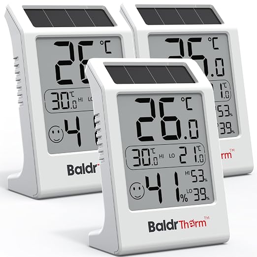 BaldrTherm Room Thermometer Indoor Humidity Meter, Solar-Powered 3.2'' Digital by BaldrTherm