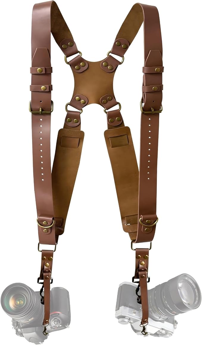 Double Camera Strap, Shoulder Camera Strap Harness Leather Dual Camera Strap by Yunzuiyue