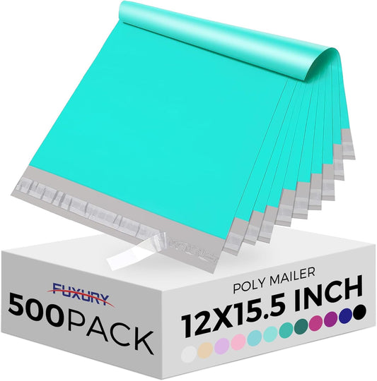Fuxury Poly Mailers 12x15.5 Inch 500 Pcs, Bulk Shipping Bags for Clothing, Strong Adhesive Shipping Envelopes for Small Business Suppliers,Waterproof Mailers Poly Bags Mailing Envelopes Teal