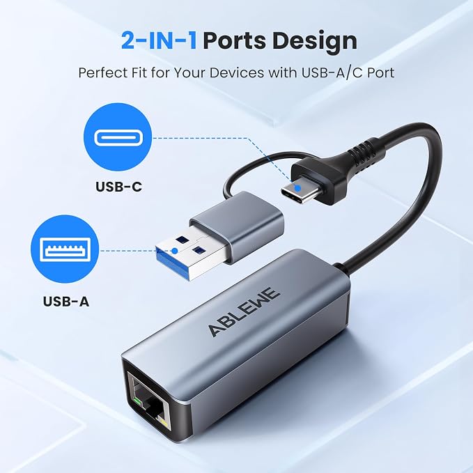 USB to Ethernet Adapter, ABLEWE USBC/USB 3.0 to RJ45 Gigabit LAN Network Adapter - Image 2