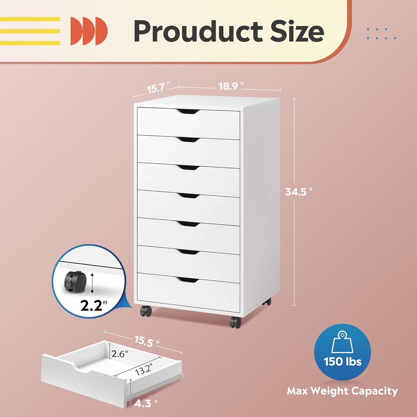 DEVAISE 7-Drawer Chest, Wood Storage Dresser File Cabinet with Wheels, White