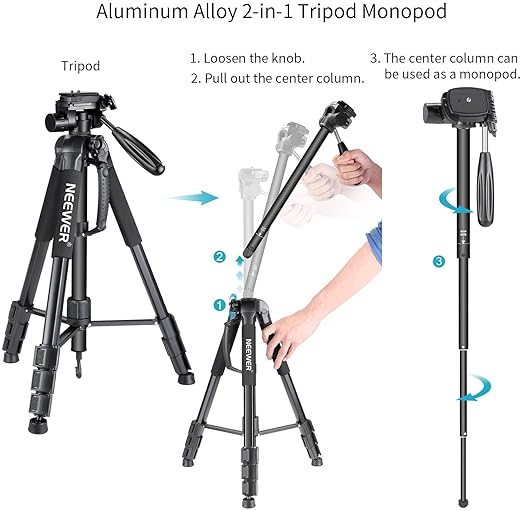 NEEWER Portable Aluminum Alloy Camera 2 in 1 Tripod Monopod Max. 70"/177cm - Image 2