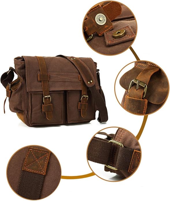 Sechunk Vintage Military Leather Canvas Laptop Bag Messenger Bags Medium - Image 6