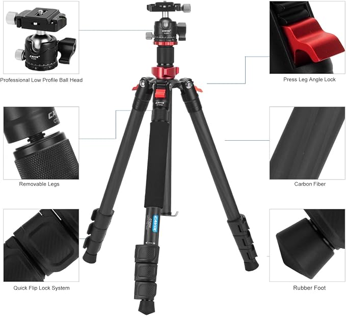 CAVIX 62" Professional Carbon Fiber Camera Tripod, Tripod & Monopod 2 in 1 - Image 3