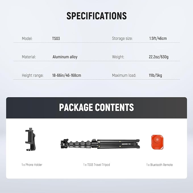 NEEWER Basic Phone Tripod for iPhone & Camera w/Remote & Phone Holder, Portable - Image 9